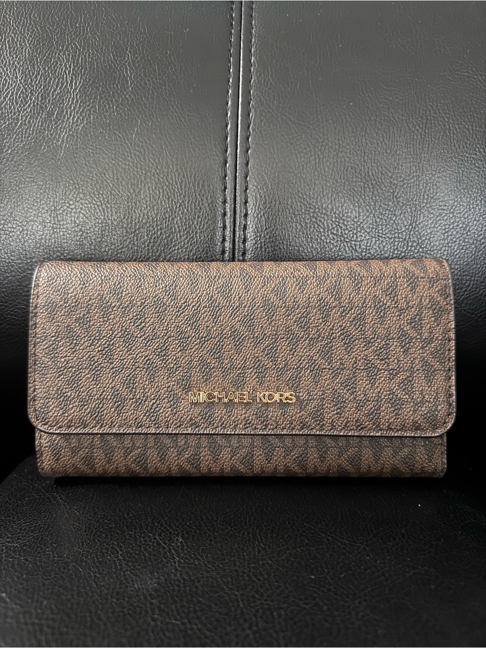 NEW Michael Kors Brown Logo-Print Continental Wallet with Gold Hardware